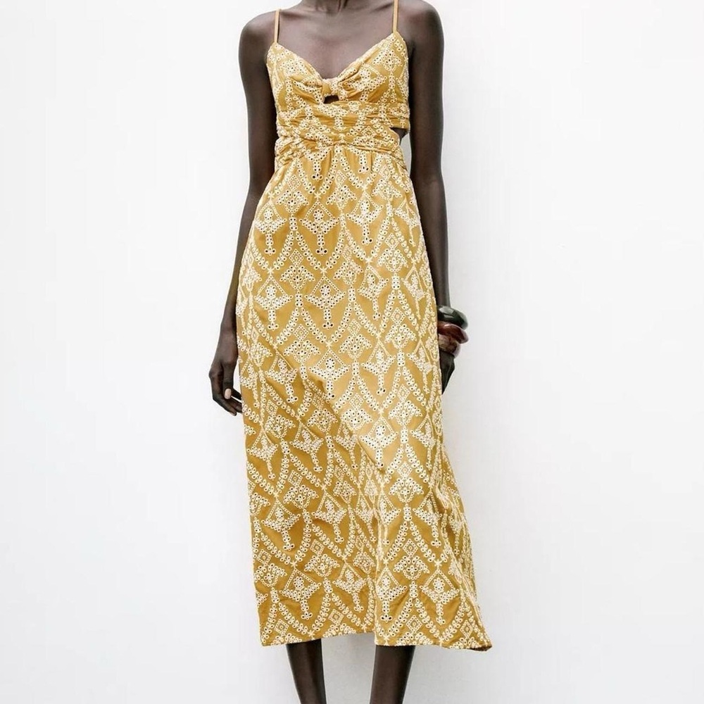 NWT Zara Embroidered Floral Eyelet Cut Out Midi Dress in Mustard/White - XS
